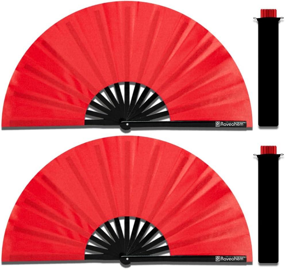 2 Pack Large Folding Hand Fans, Bamboo Handheld Rave Fan Wedding Fan Bamboo Frame Thickened Smooth Fabric for Cooling Decoration Women Men Gril Boy Gift, 13.8" Red