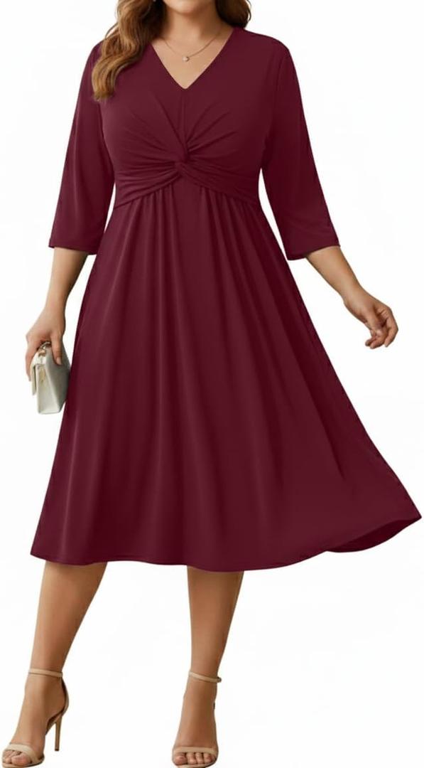 Talisea Plus Size Dress for Women Twist Knot V Neck 3/4 Sleeves A Line Wedding Guest Midi Dresses, 16W