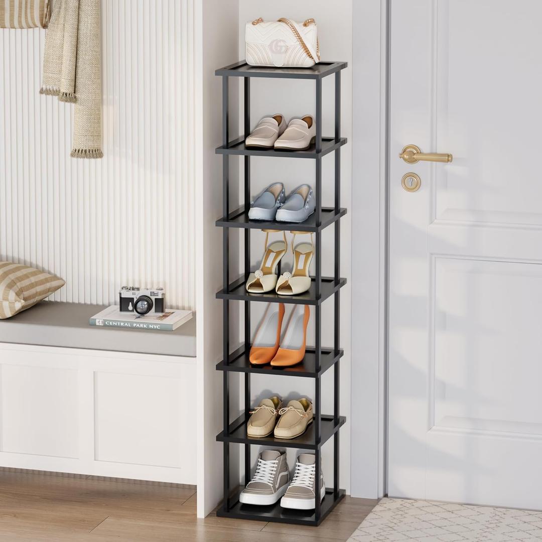 Vertical Tall Shoe Rack Organizer for Entryway -7 Tier Free Standing Slim Narrow Bamboo Wood Corner Stackable Shoe Boots Storage Stand Small Spaces for Closet Garage Cloakroom Living Room (Black)