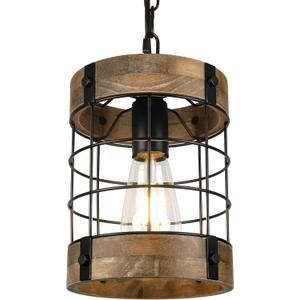 Rustic Pendant Light Fixtures, Farmhouse Kitchen Wood Hanging Lighting, Industrial Round Cage Chandelier for Entryway Hallway Dining Room Bedroom Foyer