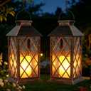 Solar Lanterns Outdoor Waterproof - 2 Pack 14" Large Hanging Solar Lantern with Glass Flickering Flame, IP65 Weatherproof Decorative Lanterns for Garden, Patio, Yard, Porch, Balcony, Gifts Mom Wife