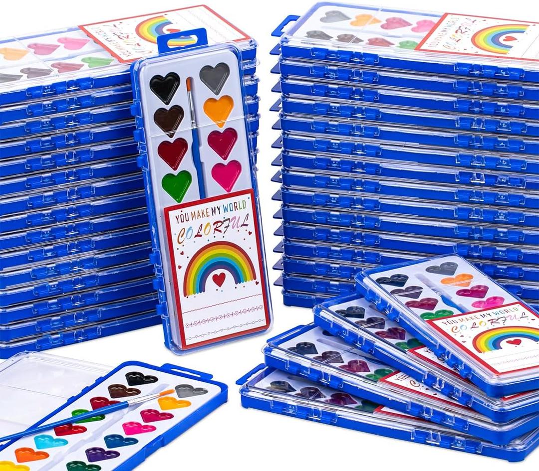 36Pack Heart Watercolor Paint Set with Paintbrush for Kids, Valentines Day Gifts for Kid Prizes Exchange Gifts Valentines Party Favors for Preschool Classroom School