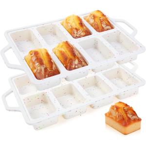 2 Pcs Mini Loaf Pans with Metal Reinforced Frame, Nonstick Small Silicone Bread Pans for Baking, 8 Cavity Tiny Meatloaf Pan (Cream)