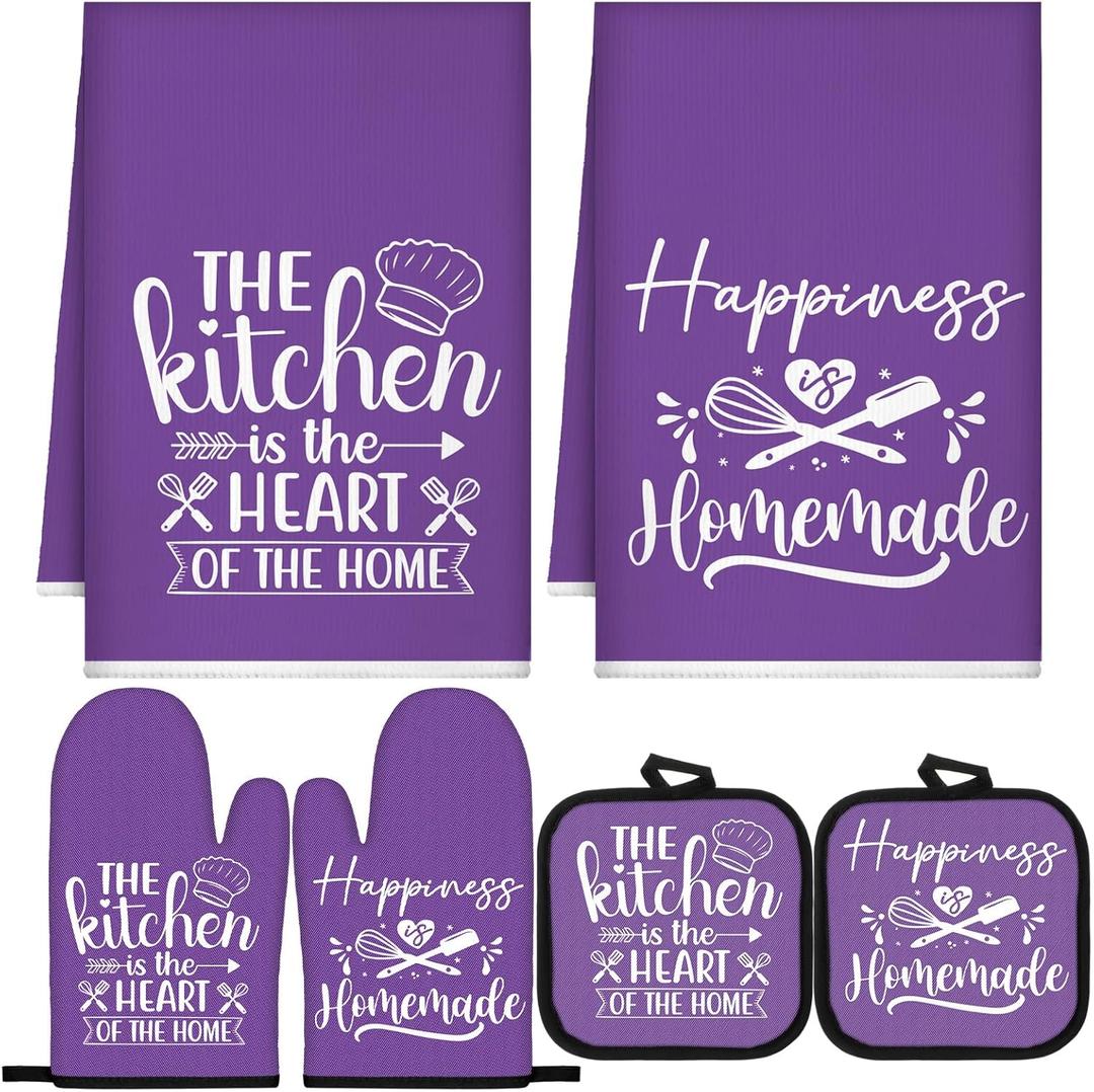 Sratte 6 Pcs Kitchen Decor Accessories Set Farmhouse Towels Pot Holders Oven Mitts Set 2 Dish Towels 2 Potholders 2 Cooking Mittens Oven Glove for Christmas Baking Cooking (Purple,Kitchen)