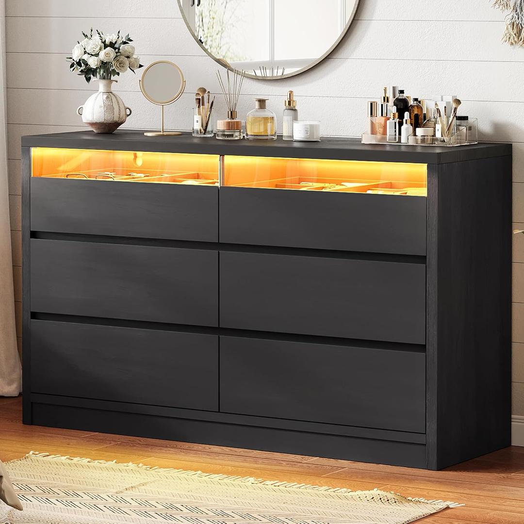 Modern Black 6 Drawer Dresser for Bedroom with LED Light, Large Chest of Drawers with Hidden Handles, Double Wooden Dresser Closet for Living Room, Entryway, Hallway - Black