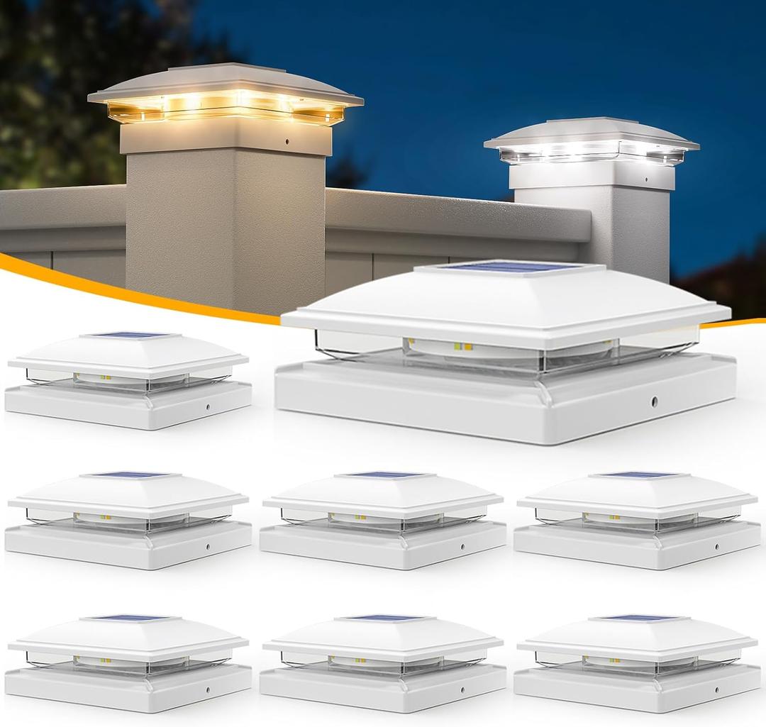 APONUO 8 Pack Solar Post Cap Lights, 2 Modes(Warm/Cool Light) Outdoor Waterproof Fence Post Solar Lights, Solar Powered Garden, Patio, Deck Decor for 4x4, 5x5, 5.5x5.5 Wood & Vinyl Posts, White