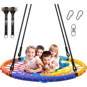 Trekassy 45" 750lbs Spider Web Tree Swing for Kids & Adults, Outdoor Steel Frame Saucer Net Swing with Swivel, Adjustable Ropes + 2 Tree Hanging Straps - Rainbow (Patented)
