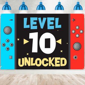 Level 10th Unlocked Happy 10th Birthday Level Up Banner Backdrop Background Photo Booth Props Video Game Youth Theme Decor for Boys Girls 10th Birthday Party Baby Shower Favors Supplies Decorations