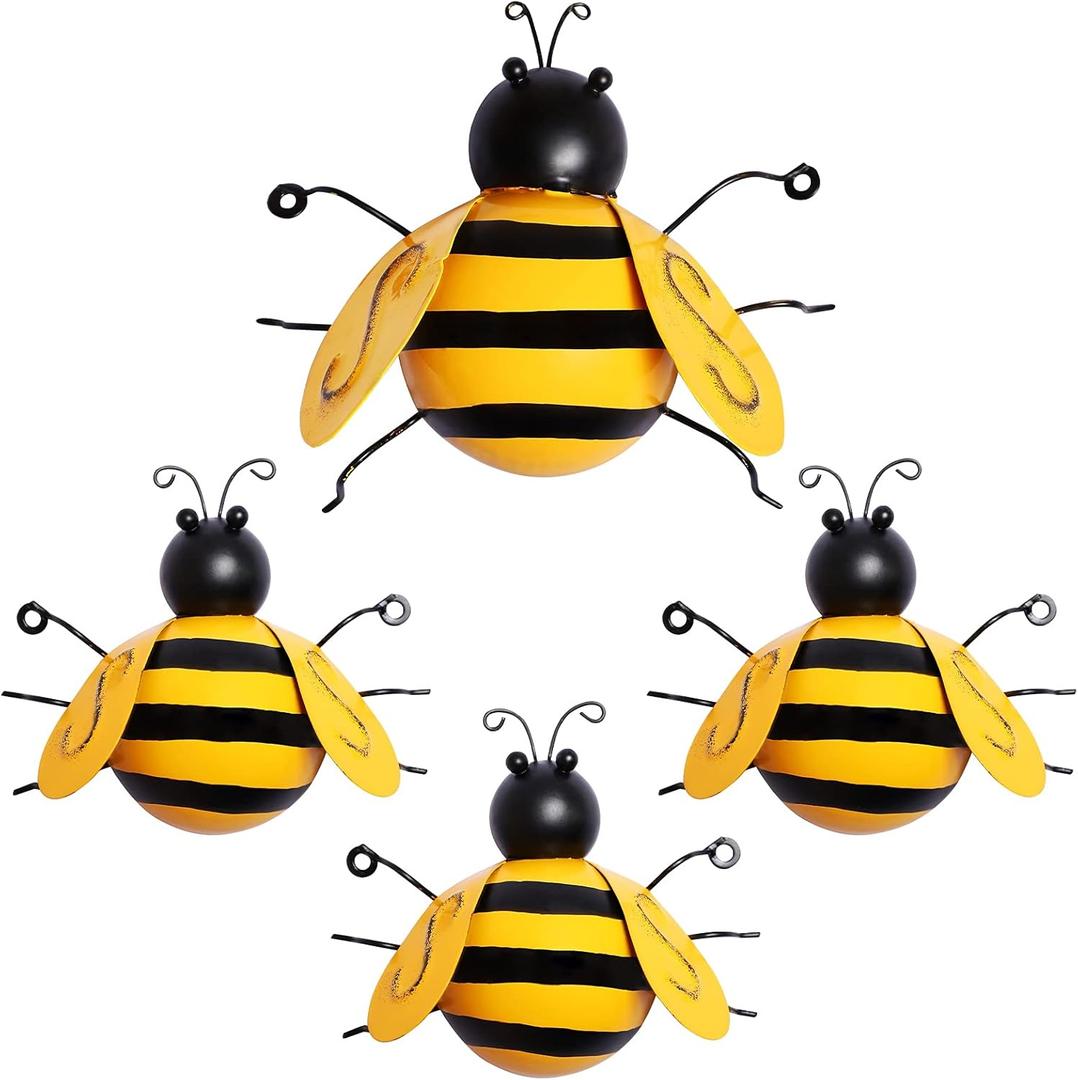 MorTime 4 Pack Metal Bee Wall Art Sculptures Garden Decorations, Hanging Bee Wall Decor Indoor Outdoor Garden Yard Lawn Decor