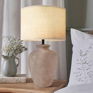 Ceramic Farmhouse Table Lamp for Living Room and Bedroom - Modern Earth Yellow Pottery Beside Lamps for Small Nightstand and Large Side Table - Rustic Round Stone Lighting Single with Beige Shade