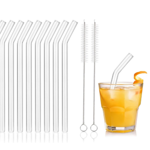 [8 Pcs] Reusable Short Bent Glass Straws - 6" x 10 mm Clear Glass Straws Shatter Resistant Cocktail Straw With 2 Cleaning Brushes for Whiskey,Coffee,Juice,Soda Drinks