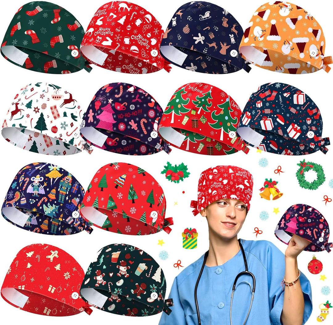 JaGely 12 Pcs St. Patrick's Day Scrub Caps Surgical Cap Nurse Hat with Button and Sweatband Adjustable Tie Back for Women