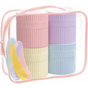 Reusable Travel Cream Jars 50 mL, TSA Approved Leak-Proof Cosmetic Containers with Spatula, BPA-Free Silicone Face Cream, Serum & Lotion Travel Size Set (4 Pack + Clear Pouch)
