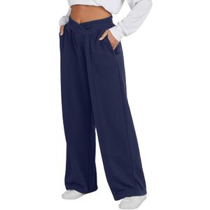 ANRABESS Women Asymmetric High Waist Wide Straight Leg Sweatpants with Pockets 2024 Fall Trendy Sweat Jogger Pants (Large, Navy Blue)