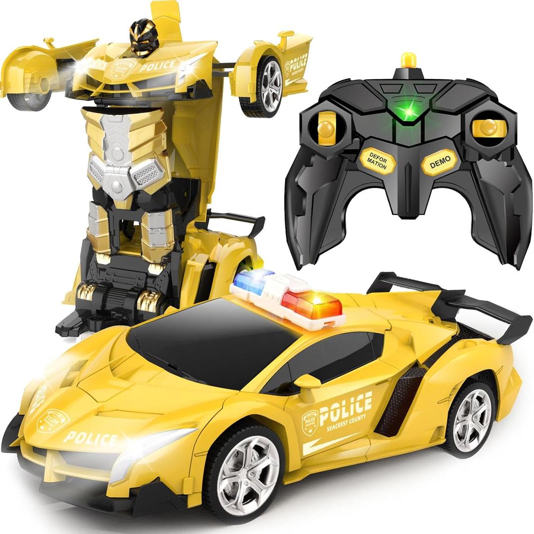 Britik Transform Remote Control Car - Rc Cars, One-Button Transforming, 360 Rotation Drifting, 2.4ghz 1:18 Scale, Gift Kids Aged 4-6 Year Old Boys/Girls, Police Car Yellow