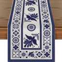 Artoid Mode Floral Bird Dia De Los Muertos Mexican Table Runner, Blue Patchwork Tiles Kitchen Dining Table Decoration for Home Party Decor 13x90 Inch