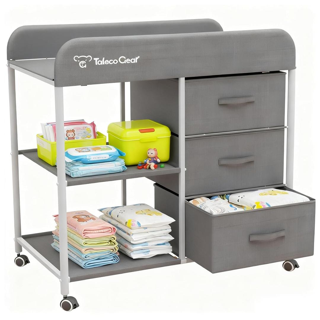 Baby Changing Table, Portable Changing Table, Diaper Changing Station with Waterproof Pad, Changing Table Dresser with 3 Storage Baskets, Mobile Nursery Organizer for Newborn Essentials