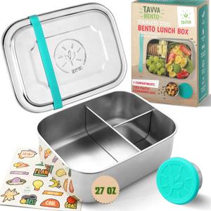 TAVVA Stainless Steel Bento Box for Kids [27oz] - Stainless Steel Lunch Box for Kids with Leakproof Condiment Container - 3 Compartment Snack Organizer for On the Go Meals - Freezer & Dishwasher Safe (Ocean)