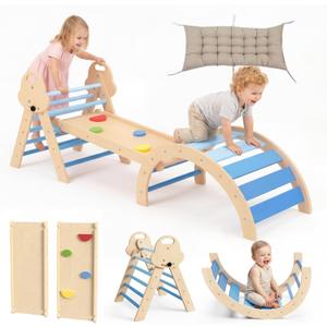 bbgroundgrm 8-in-1 Wooden Climbing Set for Toddlers with Cushion, Foldable Montessori Indoor Climber with Arch, Ramp and Triangle Ladder, Natural Wood Play Gym for Kids 1-3