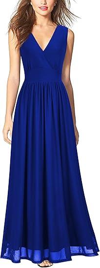 WOOSEA Women Sleeveless Deep V Neck Sexy Mesh Loose Maxi Casual Long Dress Royal Blue XXL