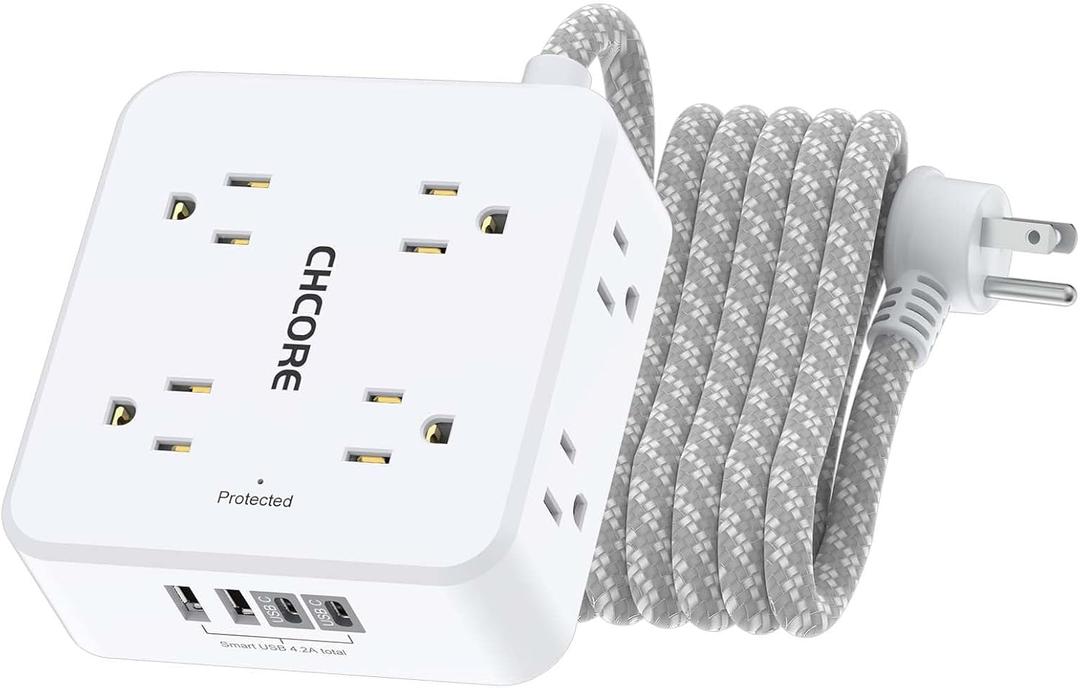 Surge Protector Power Strip - CHCORE 10 Ft Braided Extension Cord with 8 Outlets with 4 USB (2 USB C) Charging Ports, Flat Plug Multi Plug Outlet Extender Charging Station for Home Office, ETL, White