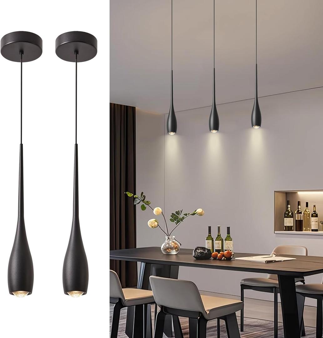 Black Pendant Lights Kitchen Island, Modern LED Pendant Light Fixtures, Small Mini Pendant Lighting Dimmable Hanging for Bathroom, Bar, Dining Room, Bedroom2-Pack