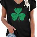 Roshop 4th of July Shirt Women Petal Sleeve American Flag Star Stripes Pattern Patriotic Shirts (Large, Black Green Clover)