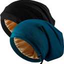 2 Pcs Adjustable Silk Hair Bonnet for Sleeping, Satin Lined Sleep Cap for Women and Men, Silk Hair Wrap Slouch Beanie. (Medium-Large, Black & Green)
