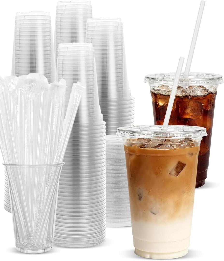 Goodluck 100 Pack 20oz Plastic Cups with Lids and Straws, Clear Disposable Iced Coffee Cups, Food Safe Cold Drink Cups for Bubble Tea, Smoothies & Shakes, BPA Free