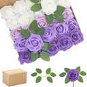 200PCS Artificial Flowers Purple Mixed Series Roses Real Looking Foam Fake Roses with Leaves and for DIY Wedding Bouquets Bridal Shower Centerpieces Party Decorations (Purple Series, 200)