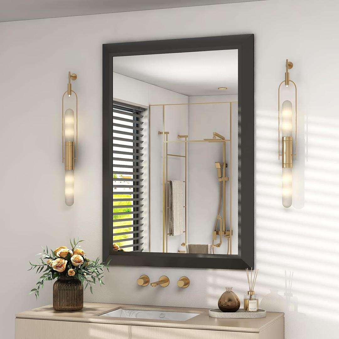 SMIROR Matte Black Bathroom Mirror for Over Sink 24x 36 inch, Metal Thick Frame Rectangle Vanity Mirror for Wall, Anti-Rust, Horizontally or Vertically Mounted
