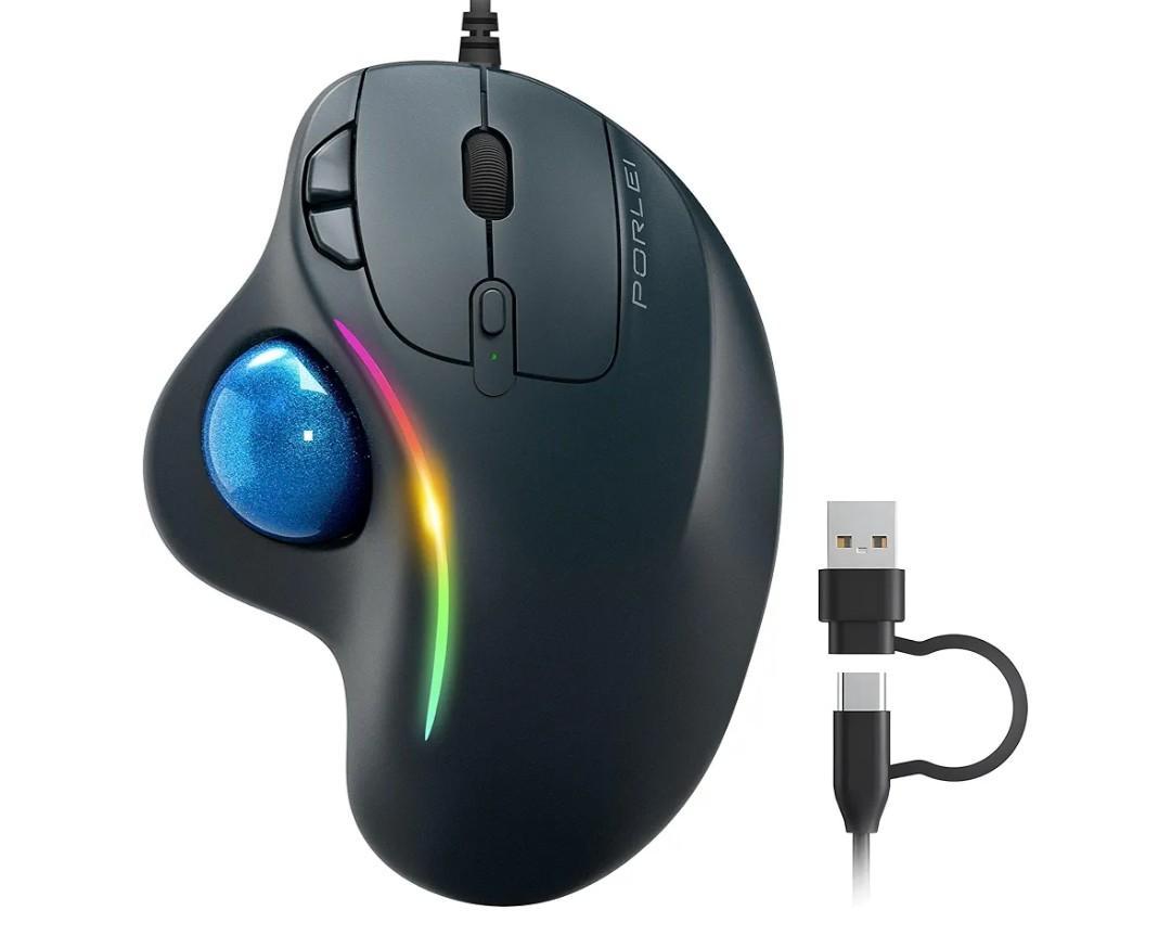 Wired Trackball Mouse with RGB Lighting, Ergonomic Thumb Control to Reduce Muscle Strain, 5 Adjustable DPI, Dual USB-C & USB-A Connectivity, Compatible with PC, Laptop, Mac, Windows-Blue