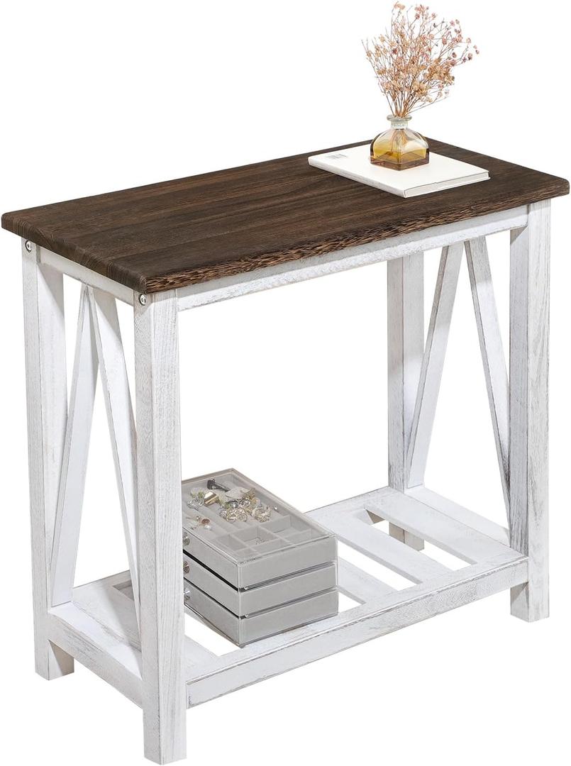 Farmhouse End Table, Rustic Narrow Side Table with Storage Shelf, 24" W x 12" D x 24" H