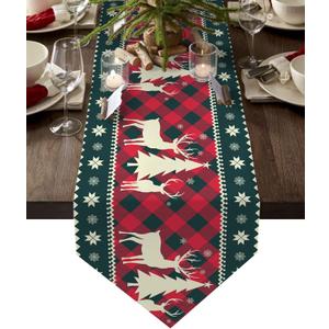 Christmas Tree Elk Deer Table Runners Red Holiday Buffalo Checkered Plaid Non-Slip Burlap Table Runner Cotton Linen Tablecloth Setting Decor for Farmhouse Wedding Party Dinner Home, 13X70 Inch