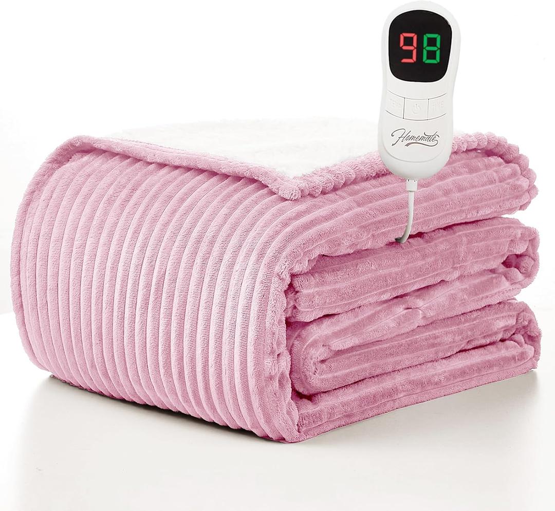 Homemate Electric Heated Blanket Twin Size - 62"x84" Heating Blanket Twin Size 1/2/4/6/8 Hours Auto-Off 10 Heat Level Over-Heat Protection Soft Flannel Sherpa ETL Certification (06 - Pink(striped))