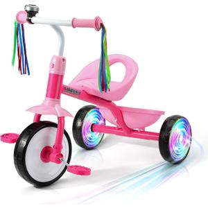Liberry Toddler Tricycle Age 2 3 4 Years Old, Kids Trike with Light Up Wheels, Removable Pedal and Basket, 3 Wheel Bike Outdoor Indoor Riding Toy Christmas Gift for Girls Boys, Pink
