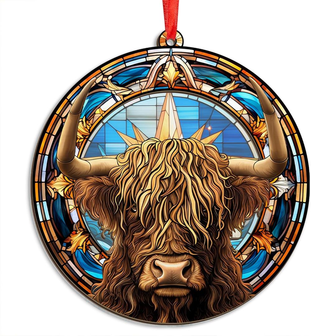 2 x OASSIE Highland Cow Ornament for Christmas Tree - Suncatcher Christmas Ornaments 2025 - Farmhouse Brown Highland Cow Gifts for Women Men Mom Dad Family, Stocking Stuffers for Farm Xmas Decorations