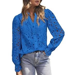 MASCOMODA Womens Tops Dressy Casual Fall Puff Long Sleeve Eyelet Button Shirts V Neck Lace Embroidered Hollow Out Work Blouse(Blue,Medium)