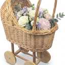 Large Wicker Carriage,Woven Rattan Stroller Shaped Flower Basket