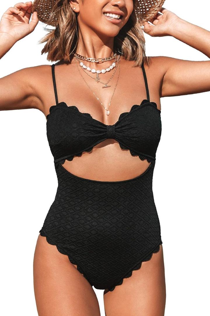 CUPSHE Women's One Piece Swimsuit Sexy Black Cutout Scallop Trim Bathing Suit (Large)