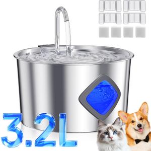 JIXZEN Cat Water Fountain Stainless Steel: 108oz/3.2L Automatic Pet Water Fountain for Cats Indoor- Quiet Cat Water Bowl Dispenser- Drinking Fountain for Small Dogs & Kitties-4 Filters + 4 Sponges