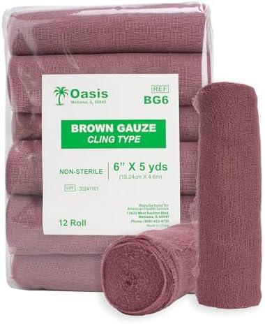 Generic Brown Gauze Rolls Pack of 12, Bandage Roll, 100% Cotton, 6” x 5 Yards, Cling Gauze Wrap for Effective Wound Care & Comfort
