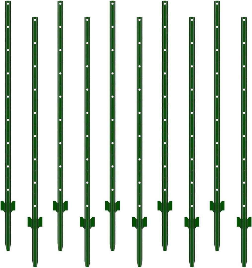 3-7 Feet Metal Fence Posts, 5 Feet 10 Pack Heavy Duty Steel Posts with U-Channel, No Dig U-Pointed Bottom, Corner Anchors for Yards, Lawns and Gardens