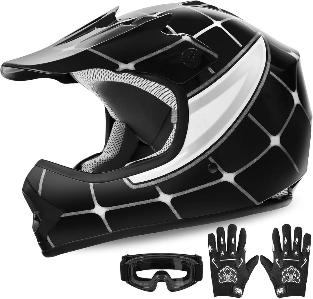 XFMT Kids Dirt Bike Helmet Youth Motorcycle Helmet DOT-Certified Full Face Helmets for Motocross ATV Off-Road Street Bike with Goggles & Gloves, Black Spider X-Large