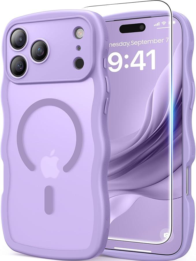 DOMAVER for iPhone 17 Pro Case for Women, 1X Screen Protector+1X Wrist Strap, [Compatible with MagSafe] [Full Camera Protection] Cute Wave Frame Matte Phone Case for iPhone 17 Pro 6.3", Light Purple