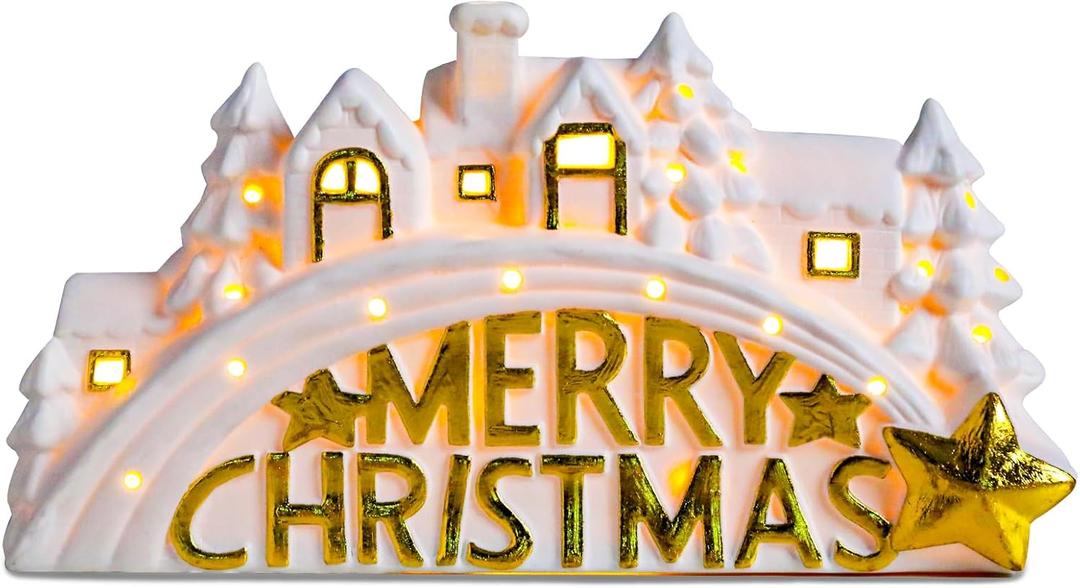 Bdor Lighted Ceramic Christmas Village Decor  11" White LED House Scene with Golden Merry Christmas Sign  Battery Operated Holiday Tabletop Decoration for Mantel, Shelf, or Window