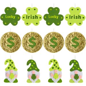 WDS WONDROUS St Patricks Day Ornaments 12-Piece Set, Felt Lucky Shamrock Irish Gnome Gold Coin Decorations with Hanging Strings for Christmas Tree Home Party Spring Decor