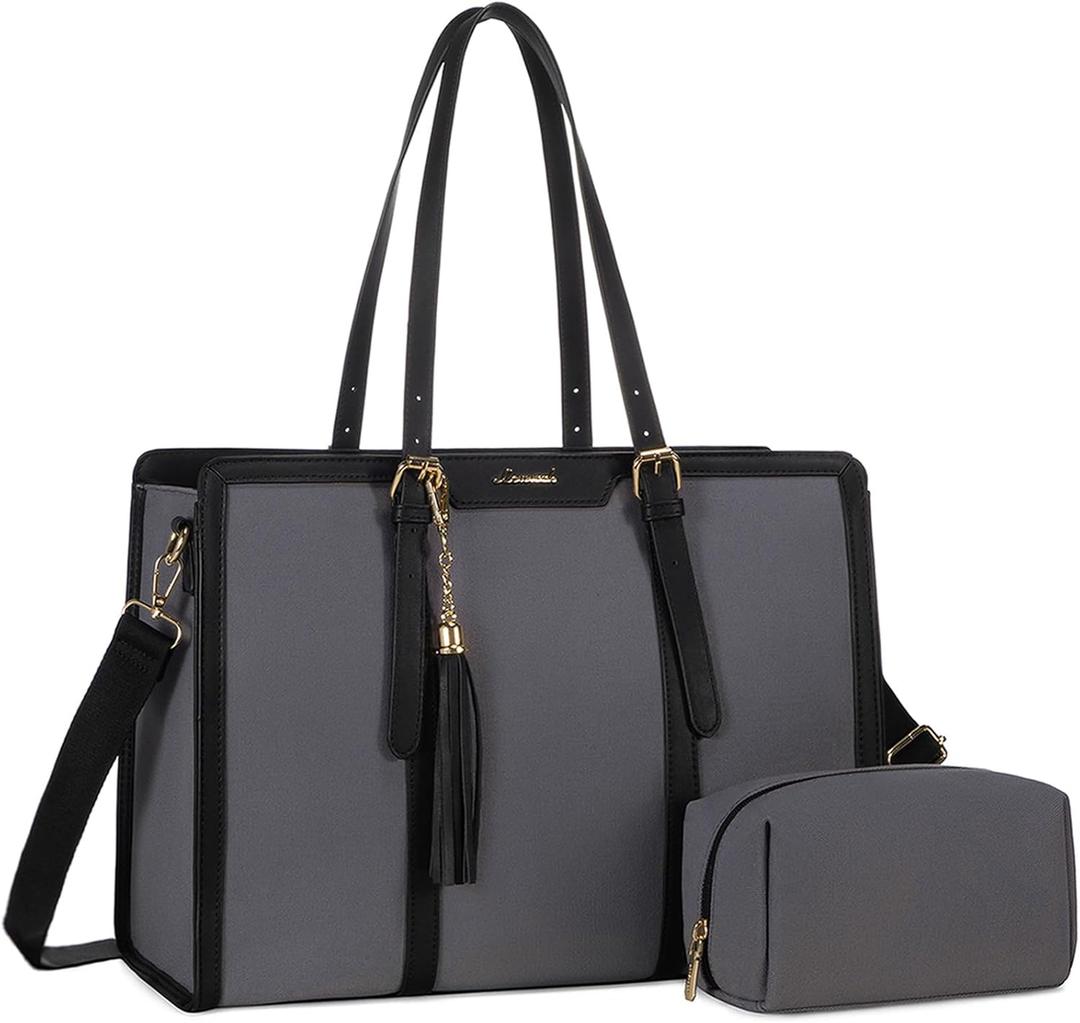 LOVEVOOK Laptop Bag for Women - 15.6 inch Lightweight Canvas Laptop Tote, Large Capacity Computer Bag with Clutch Purse for Business, Work, Travel, School (Iron Blue Grey & Black, 15.6 Inch)