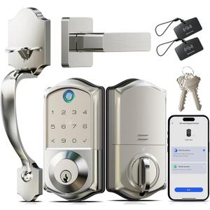 Veise VE017-H Fingerprint Smart Front Door Lock Set, App Control, Keyless Entry Deadbolt with Handle, Smart Deadbolt, Emergency Power Port, Touchscreen Keypad, Auto Lock, Easy Install, Satin Nickel