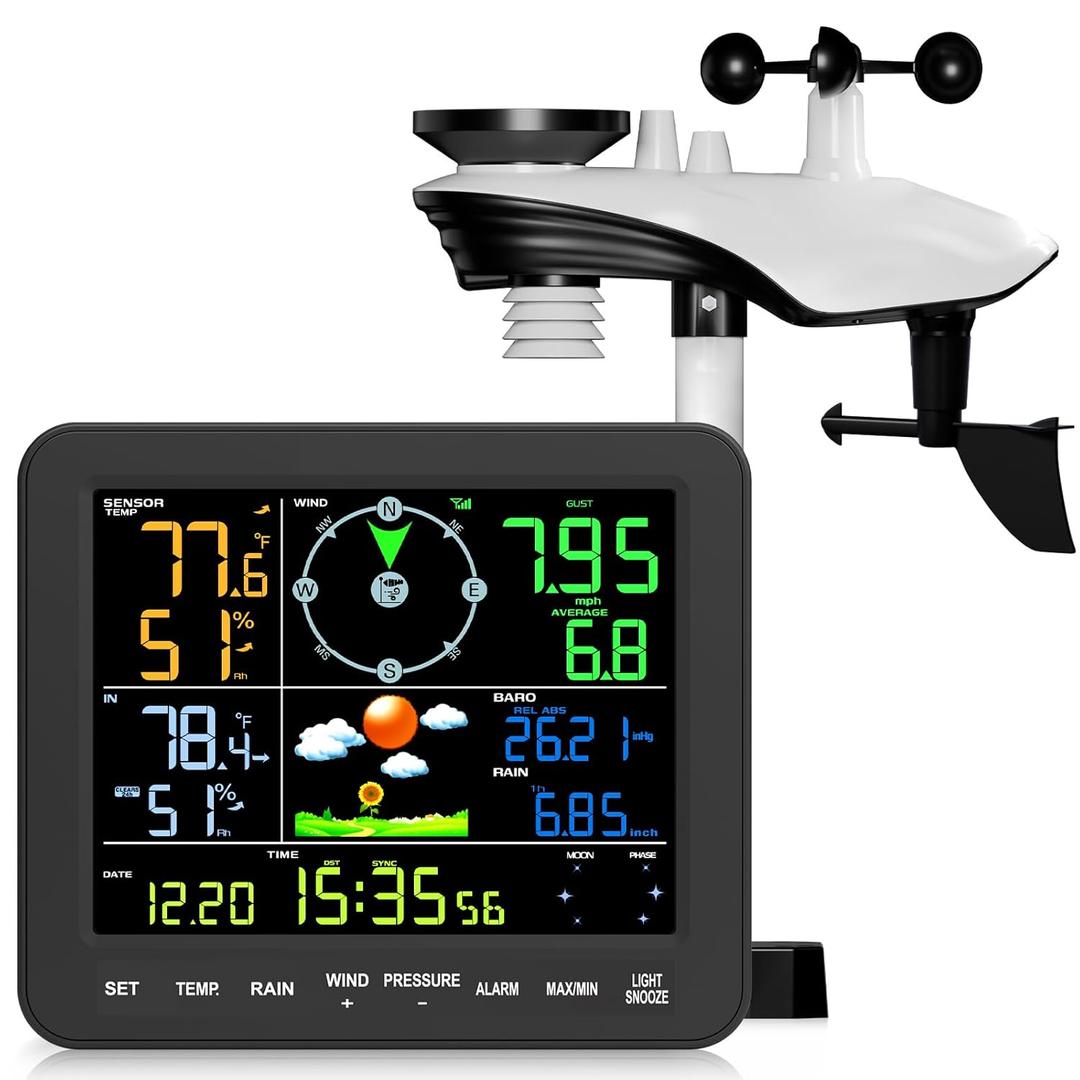 Home Weather Station with Rain Gauge and Wind Speed, Weather Stations Wireless Indoor Outdoor with Rain Gauge Outdoor, Forecast, Temperature, Humidity, Moon Phase, Alarm Clock(No WiFi)